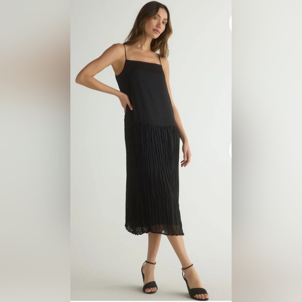 Bella Dahl black Drop Waist chiffon pleated Midi Dress size medium‎ brand new